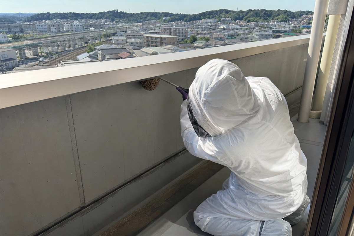 みよし市園原のマンションでスズメバチ駆除作業中