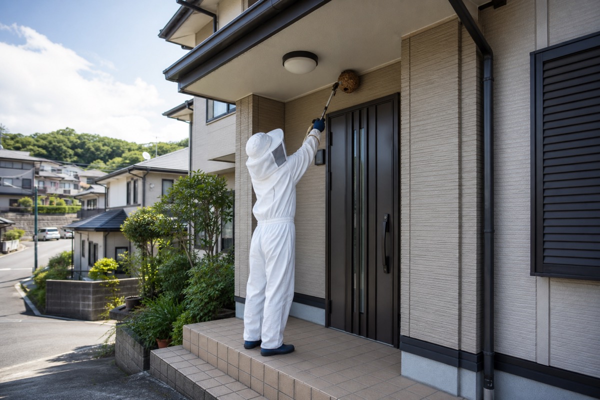 みよし市三好上ケ池の住宅街でキイロスズメバチ駆除作業中