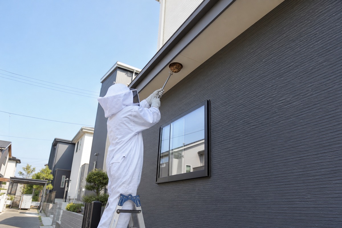みよし市西一色町の新築住宅でスズメバチ駆除作業中