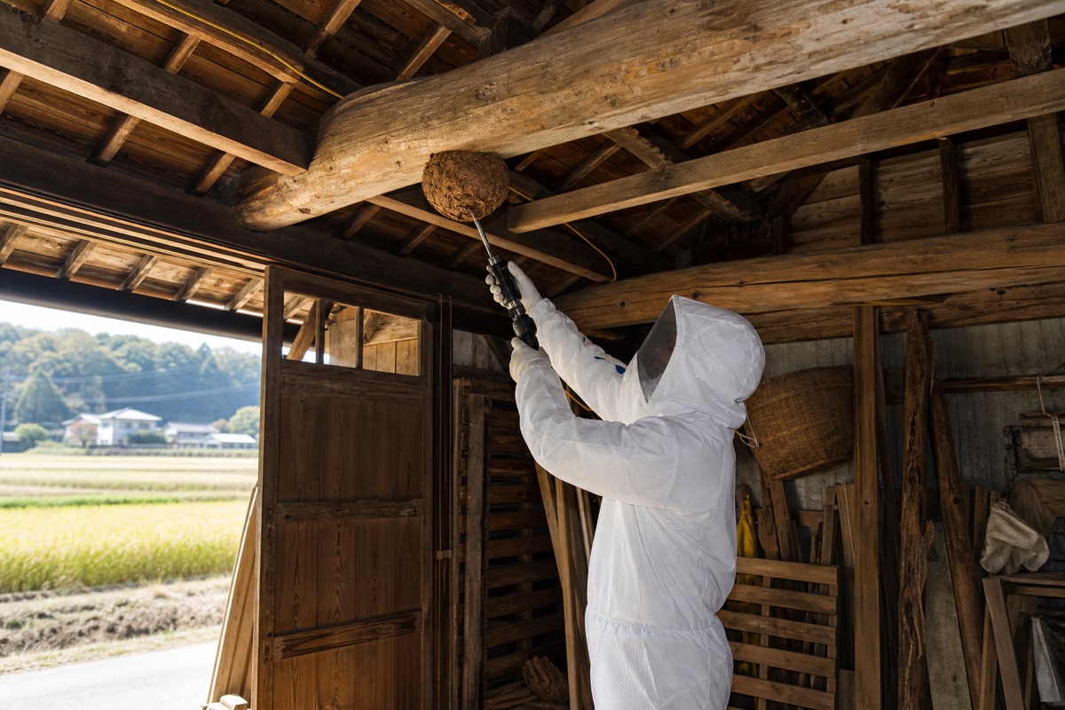 みよし市中島町の農家納屋でオオスズメバチ駆除作業中