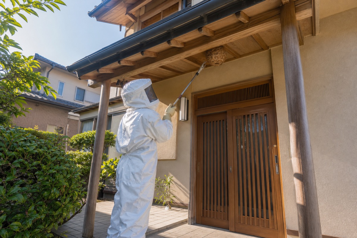 長久手市前熊の一軒家軒下でスズメバチ駆除作業中