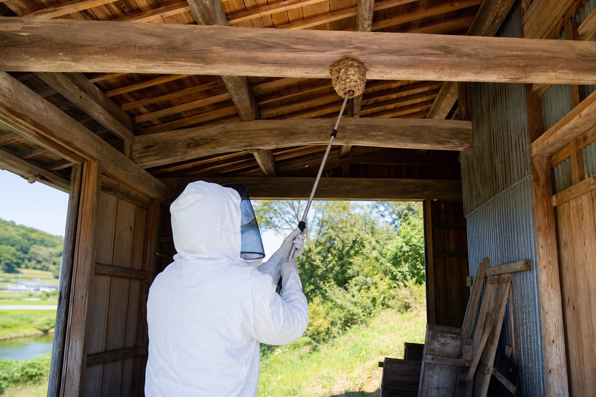 長久手市岩作の田園農家納屋でオオスズメバチ駆除作業中