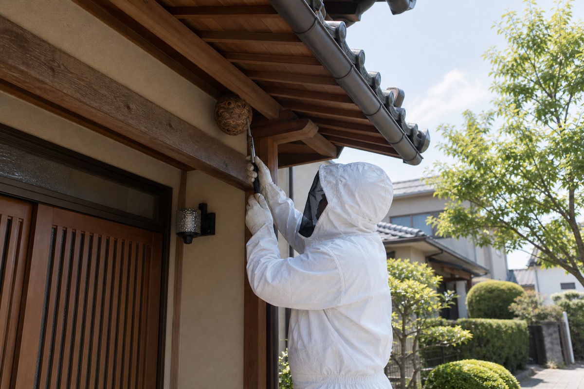 長久手市長湫の住宅街でキイロスズメバチ駆除作業中