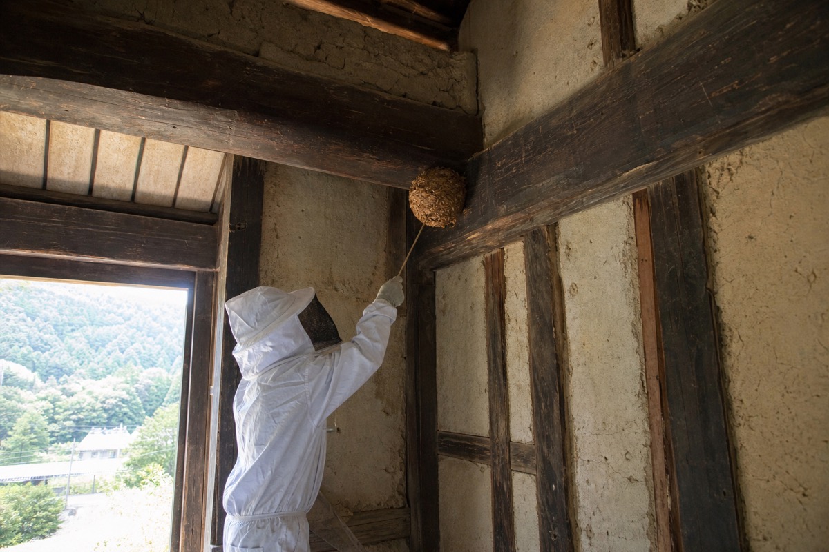 長久手市根の神の古民家でオオスズメバチ駆除作業中