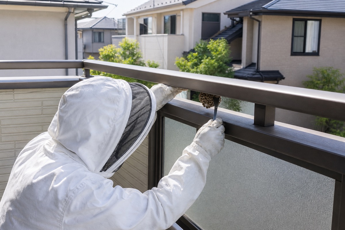 長久手市塚田の分譲住宅でアシナガバチ駆除作業中