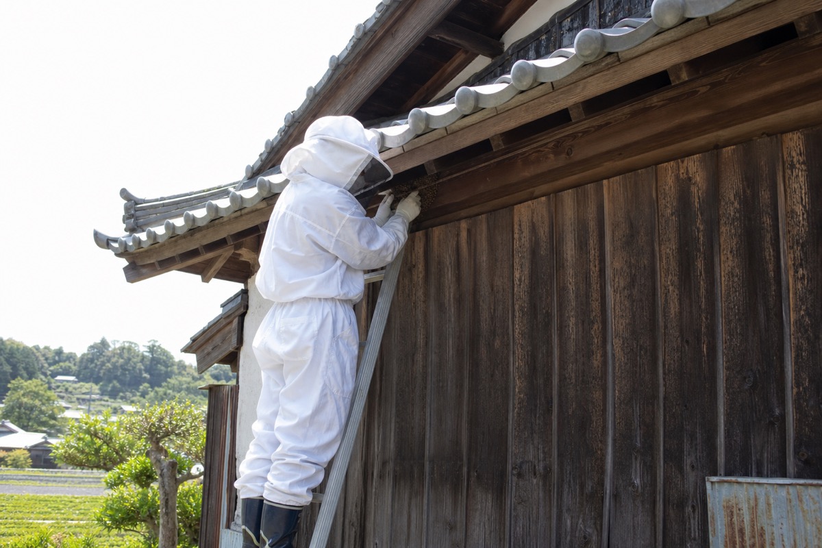 長久手市喜婦嶽の田園農家でミツバチ駆除作業中