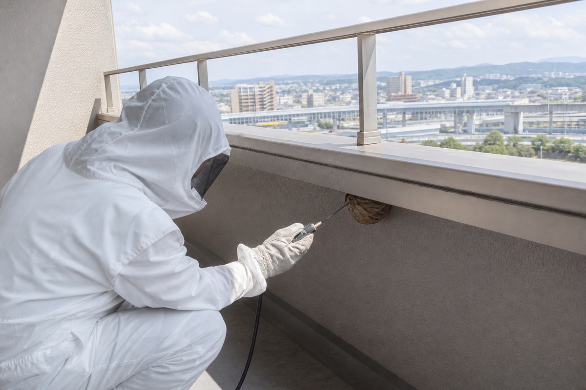 長久手市文化の家のマンションでスズメバチ駆除作業中