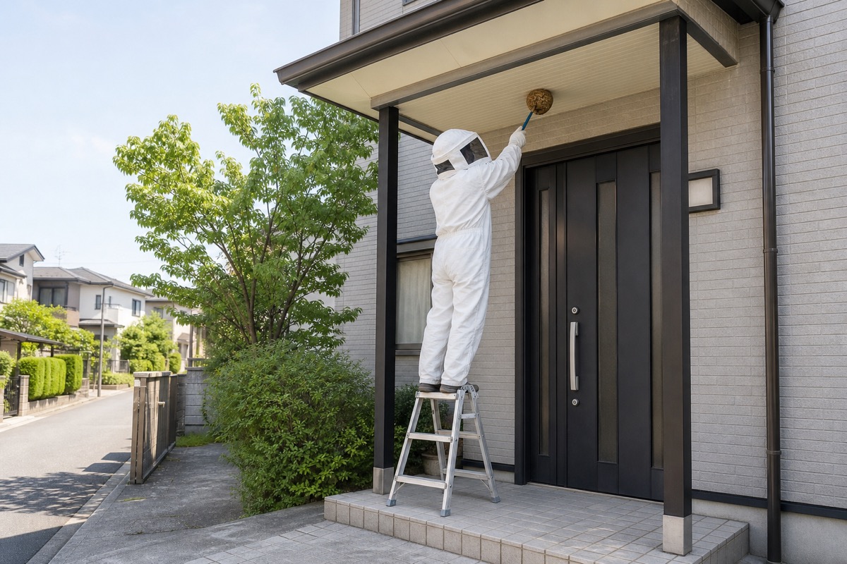 長久手市戸田谷の住宅街でキイロスズメバチ駆除作業中