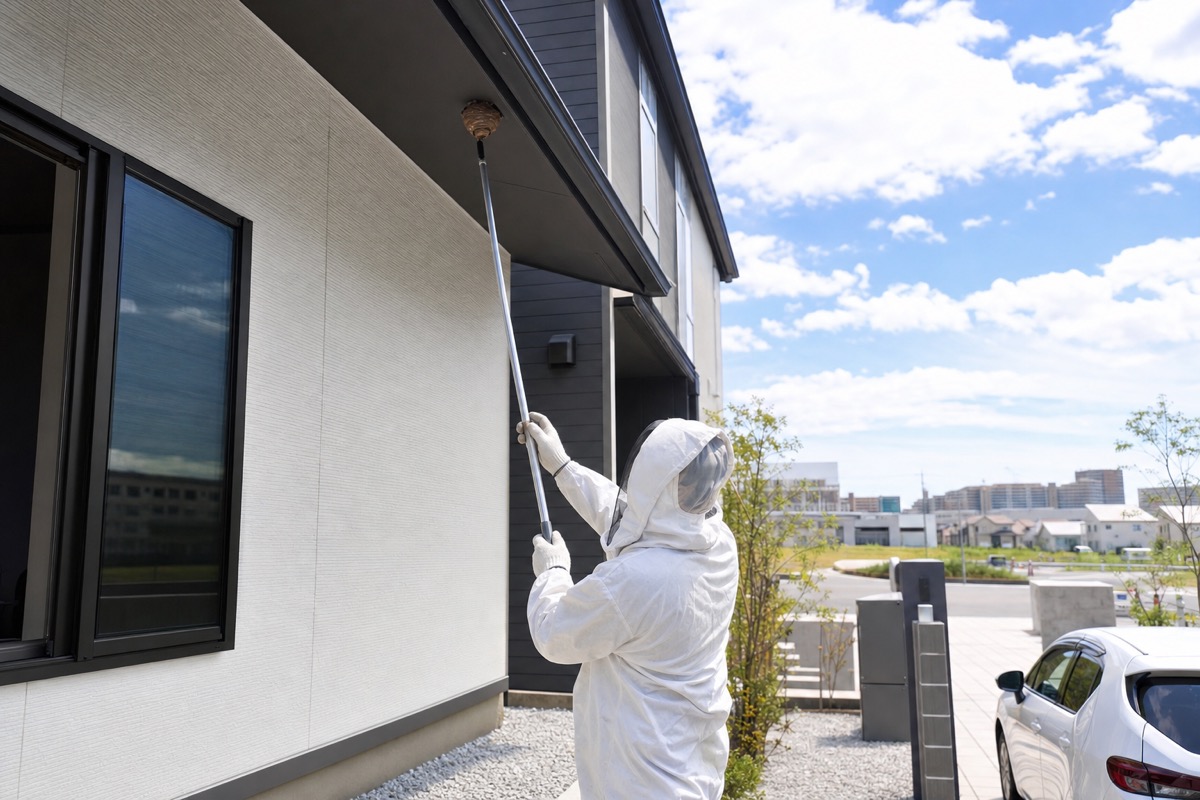 長久手市砂子の新築住宅でスズメバチ駆除作業中
