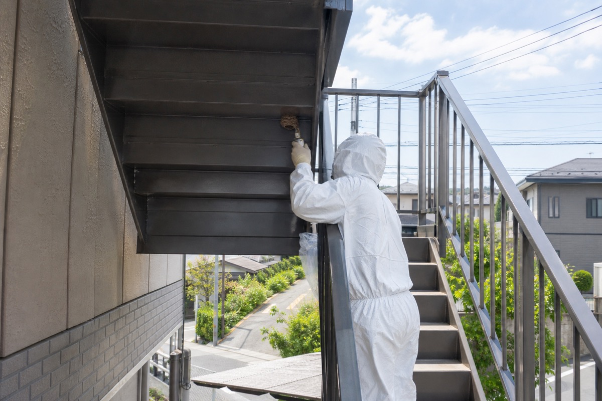 長久手市蟹原のアパートでアシナガバチ駆除作業中