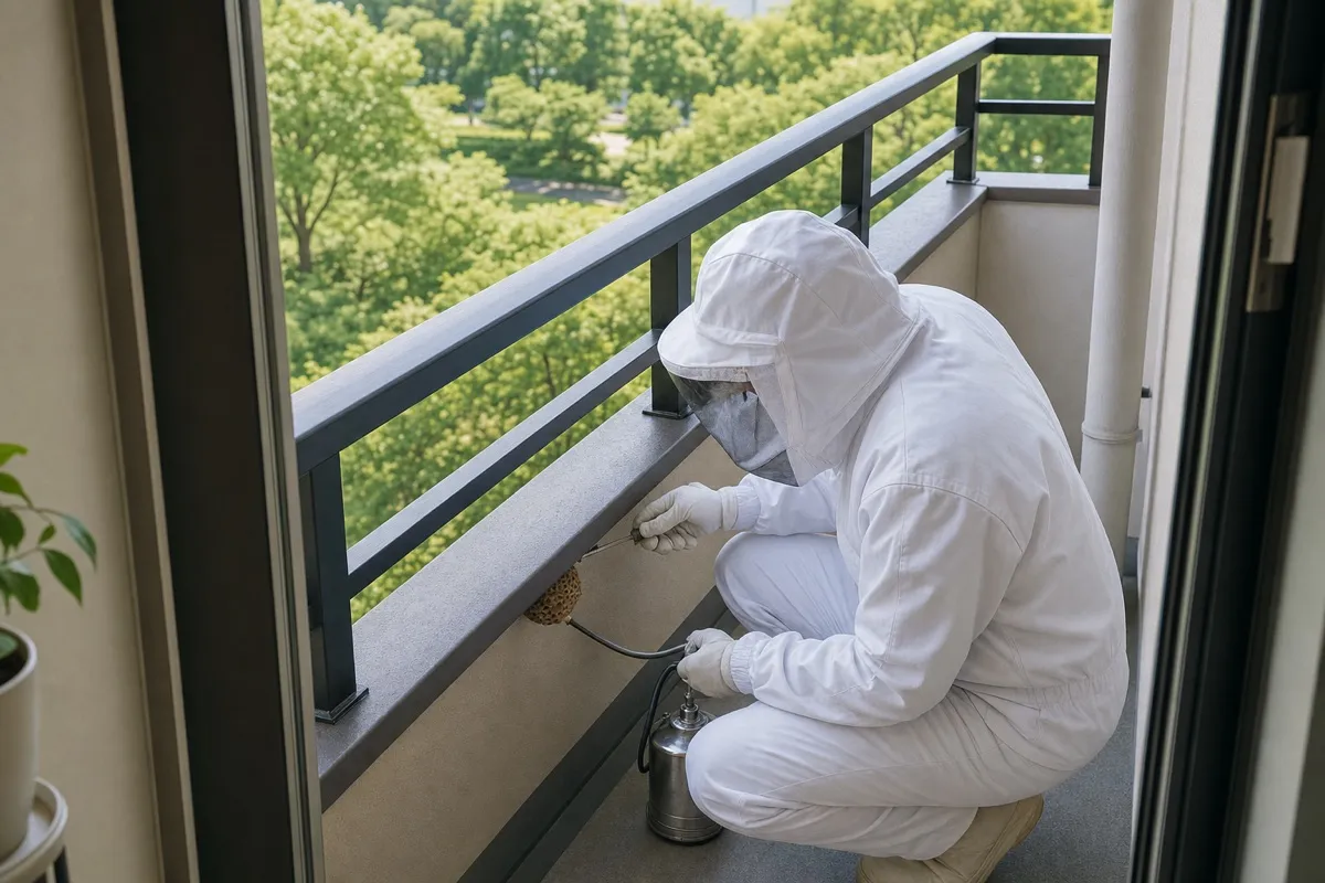 名古屋市熱田区白鳥の分譲マンションでアシナガバチ駆除作業中