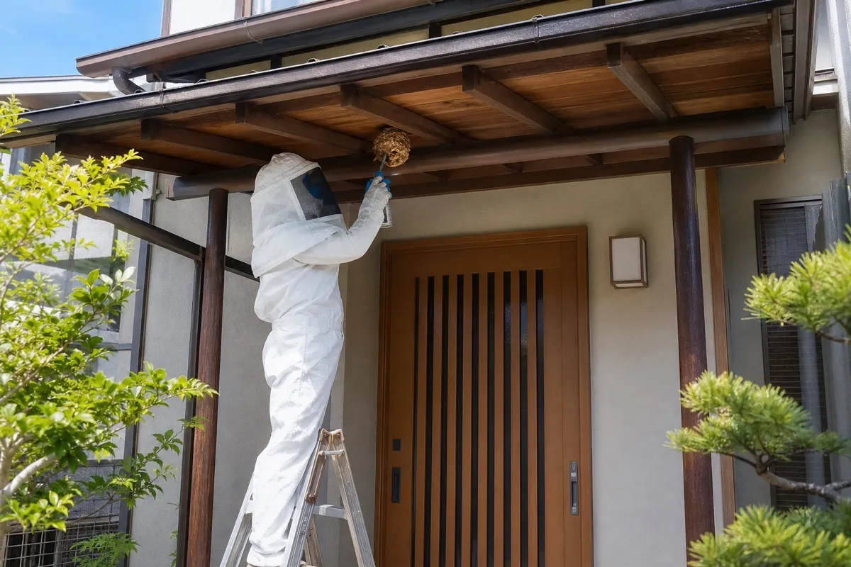 名古屋市熱田区神宮の住宅街でキイロスズメバチ駆除作業中