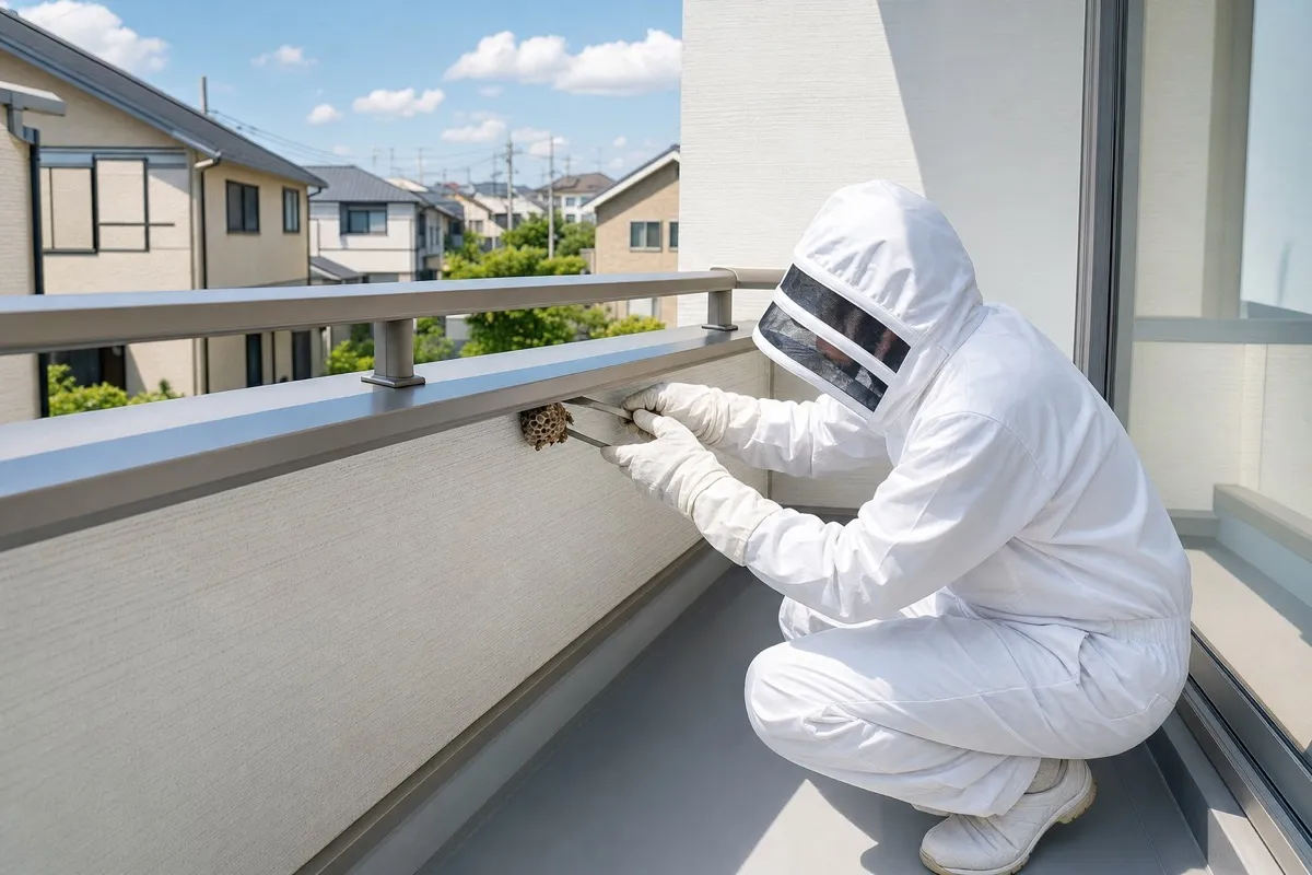 名古屋市熱田区沢下町の分譲住宅でアシナガバチ駆除作業中