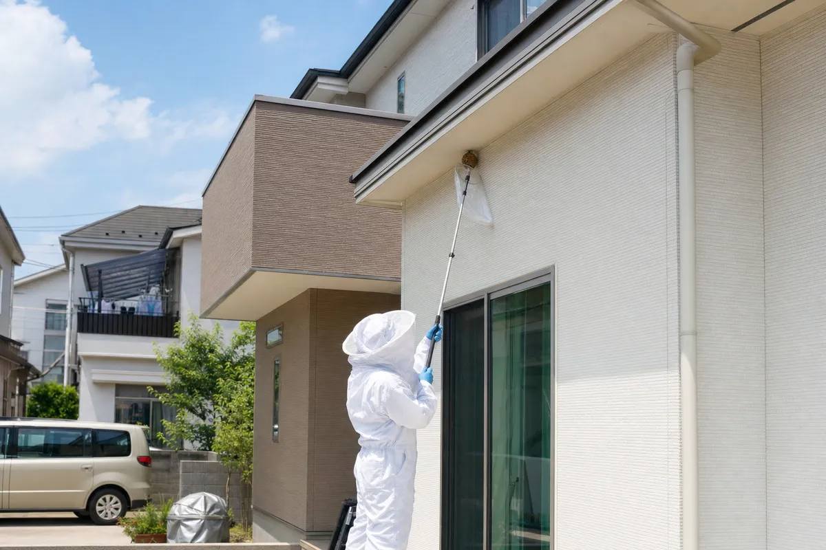 名古屋市熱田区旗屋の新築住宅でスズメバチ駆除作業中