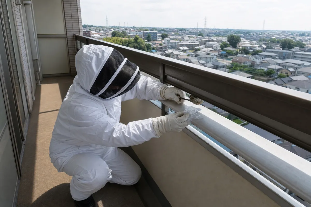 名古屋市熱田区三本松町のアシナガバチ駆除作業中