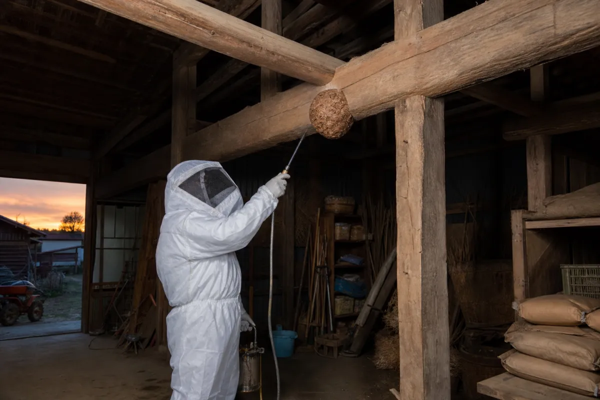 名古屋市熱田区三番町のオオスズメバチ駆除作業中