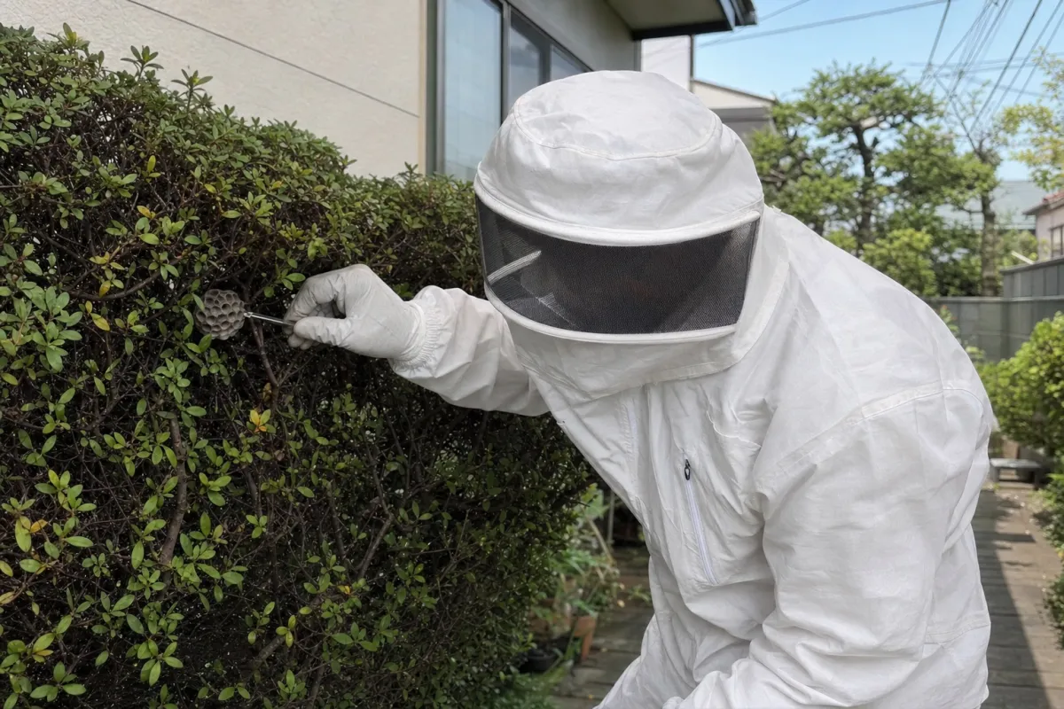 名古屋市熱田区四番のアシナガバチ駆除作業中