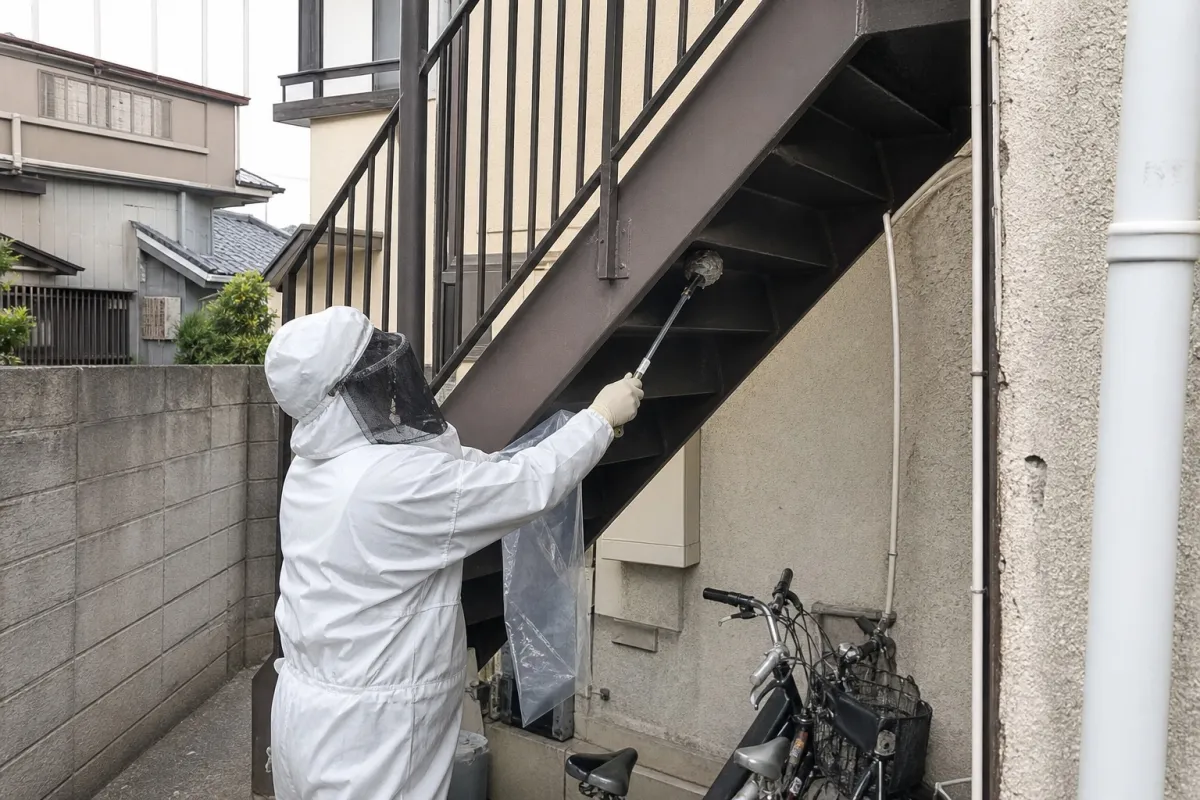 名古屋市熱田区野立町のアシナガバチ駆除作業中