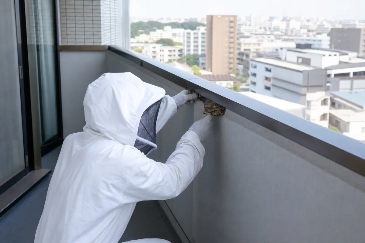 名古屋市千種区池下の分譲マンションでキイロスズメバチ駆除作業中