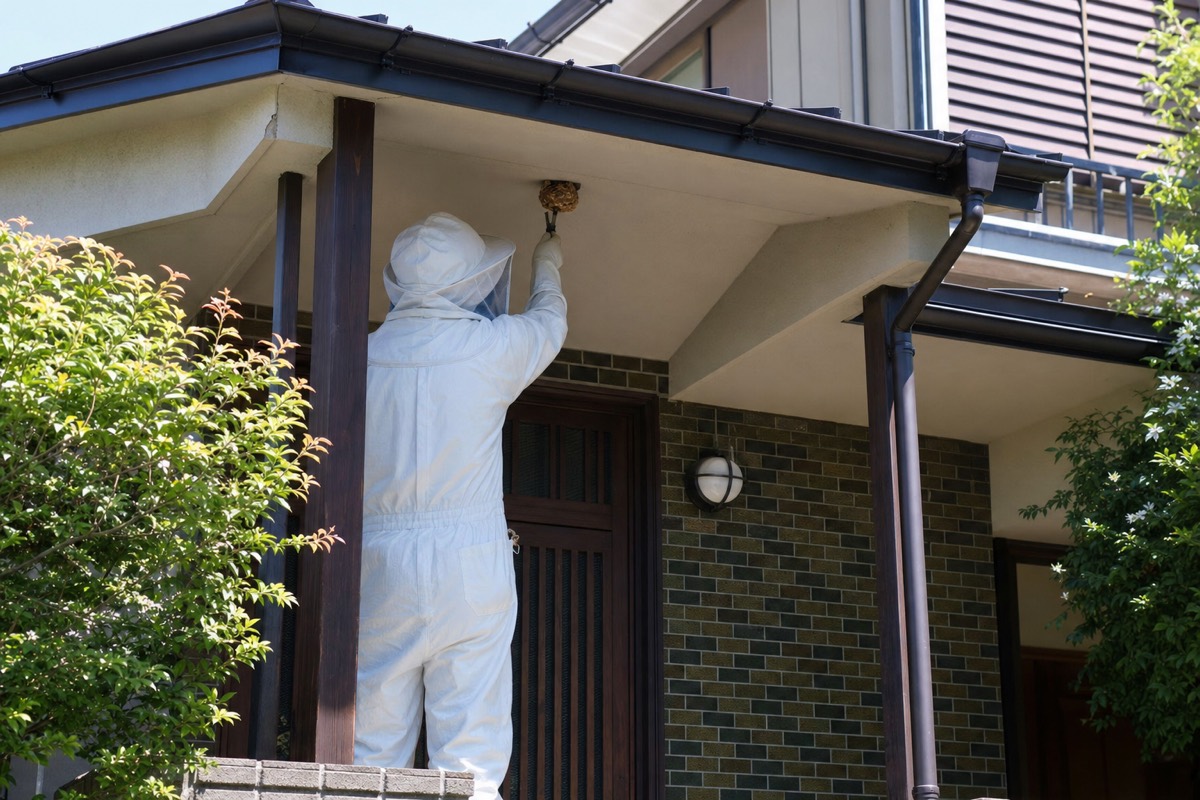 名古屋市千種区自由ヶ丘の住宅街でキイロスズメバチ駆除作業中
