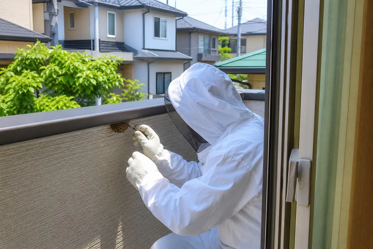 名古屋市千種区松軒の分譲住宅でアシナガバチ駆除作業中