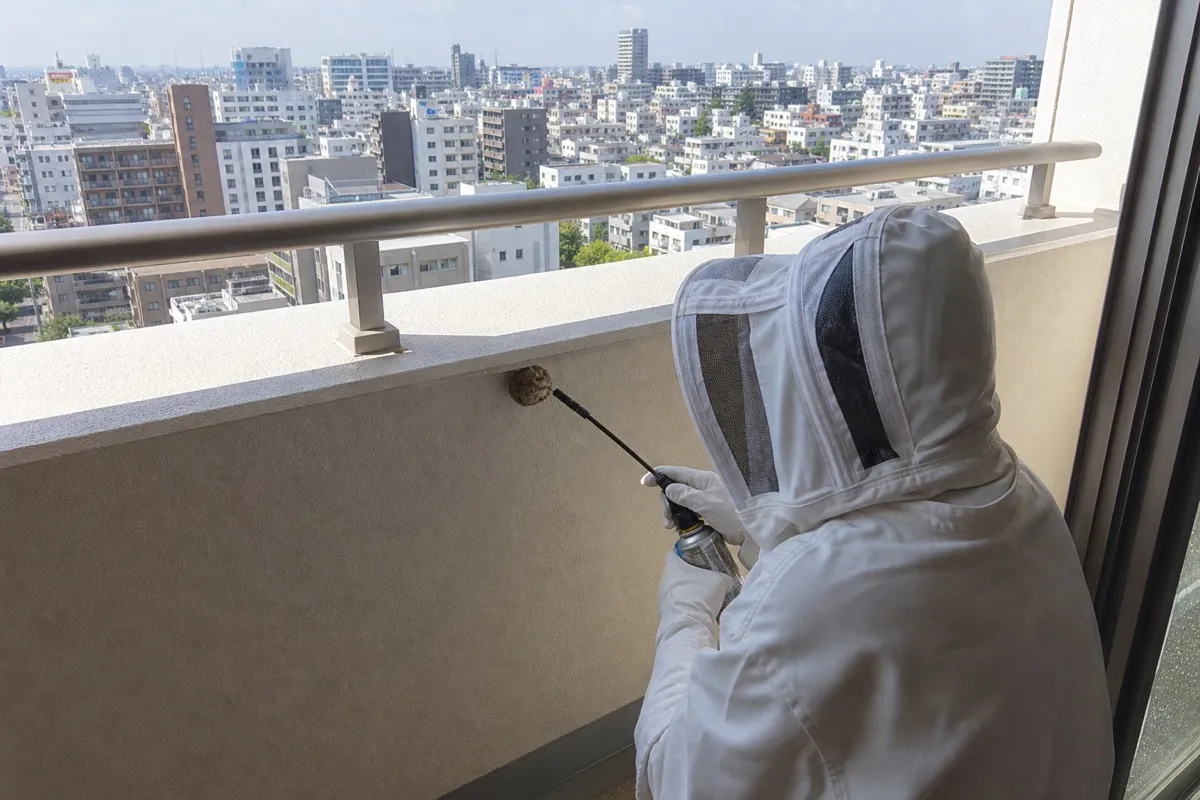 名古屋市千種区振甫町のマンションでスズメバチ駆除作業中