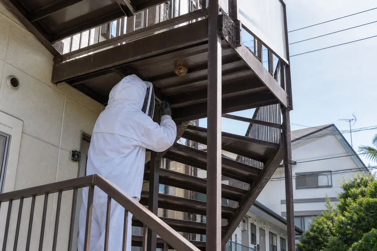 名古屋市千種区茶屋が坂のアパートでアシナガバチ駆除作業中