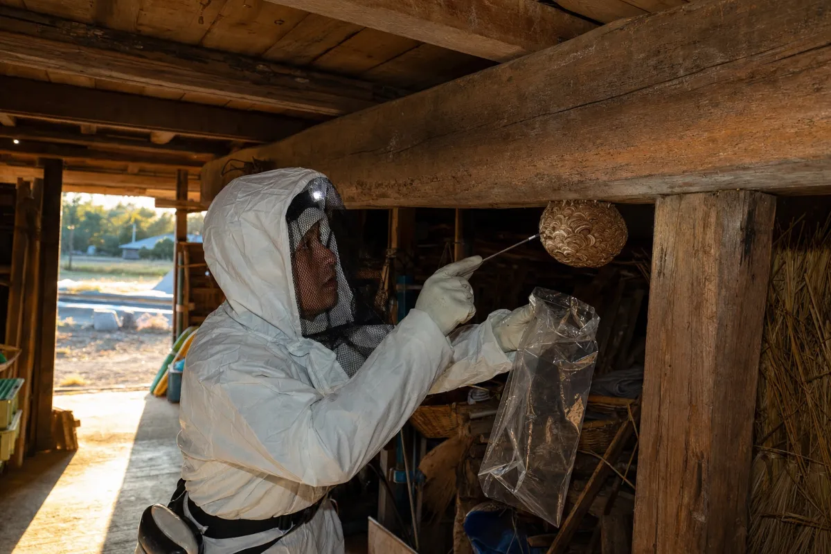 名古屋市千種区猫洞通のオオスズメバチ駆除作業中