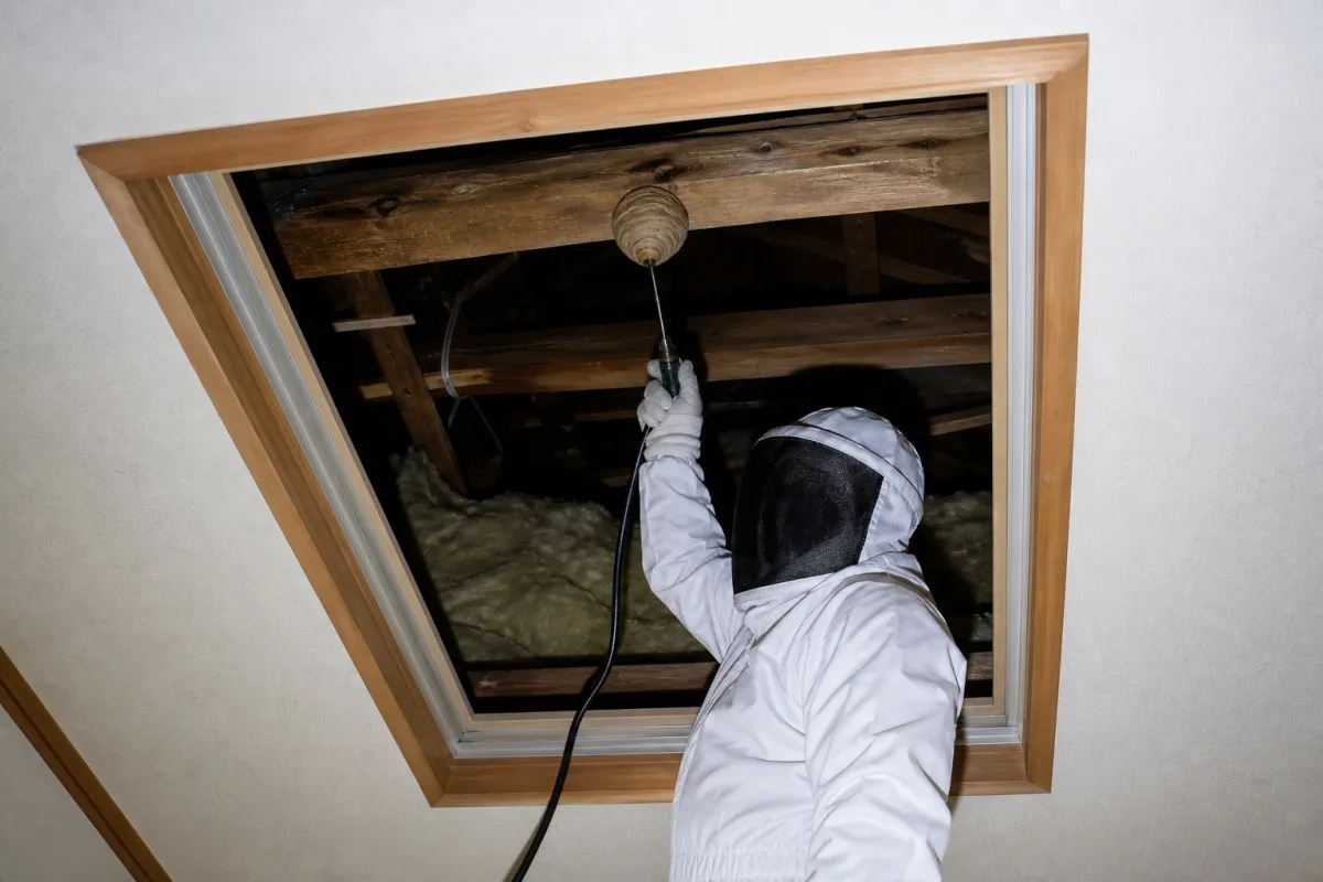 名古屋市千種区鹿子町のキイロスズメバチ駆除作業中
