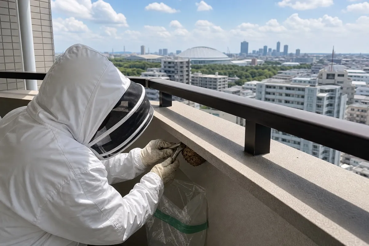 名古屋市東区ナゴヤドーム矢田の分譲マンションでキイロスズメバチ駆除作業中
