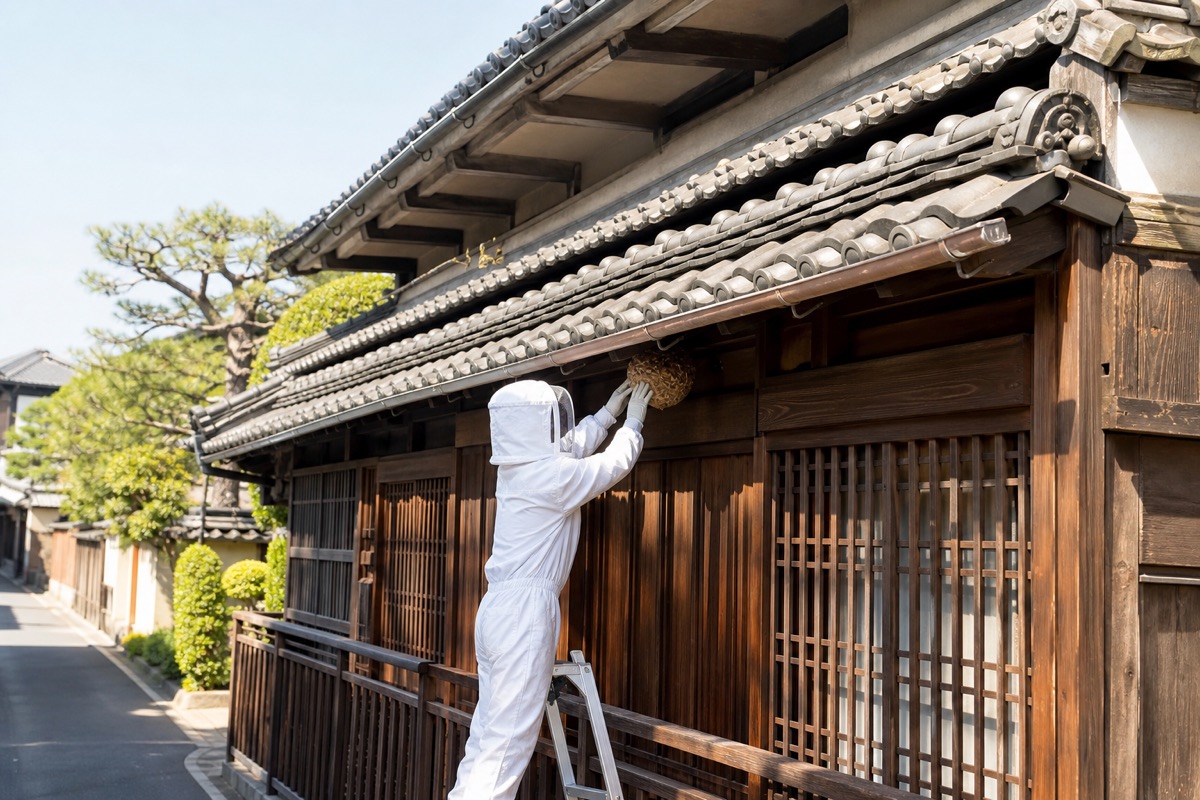 名古屋市東区主税町の伝統家屋でオオスズメバチ駆除作業中