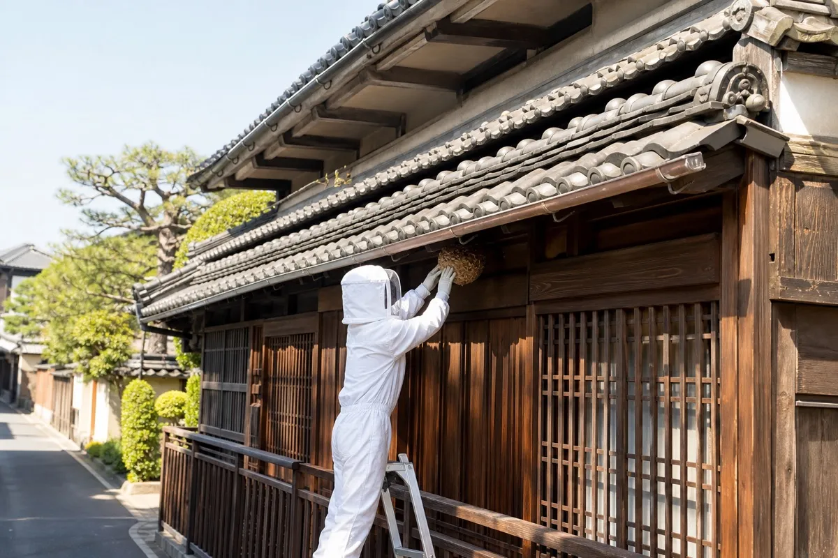 名古屋市東区主税町の伝統家屋でオオスズメバチ駆除作業中