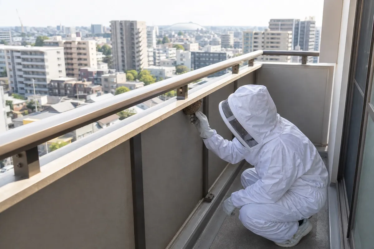 名古屋市東区出来町のマンションでスズメバチ駆除作業中