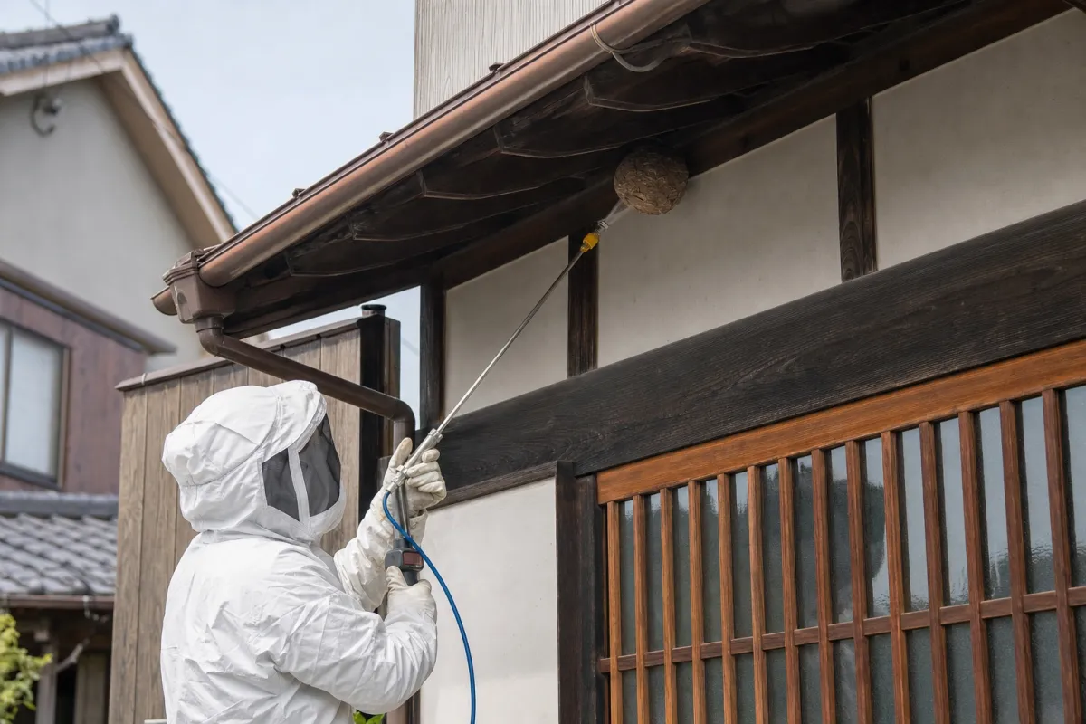名古屋市東区橦木町のスズメバチ駆除作業中