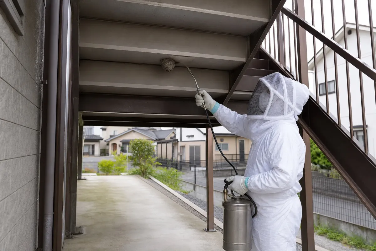 名古屋市東区黒門町のアシナガバチ駆除作業中