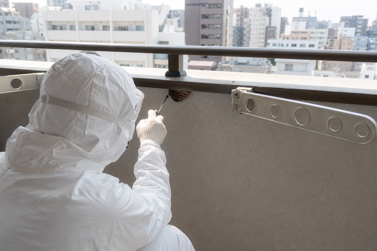 名古屋市北区志賀本通の分譲マンションでアシナガバチ駆除作業中