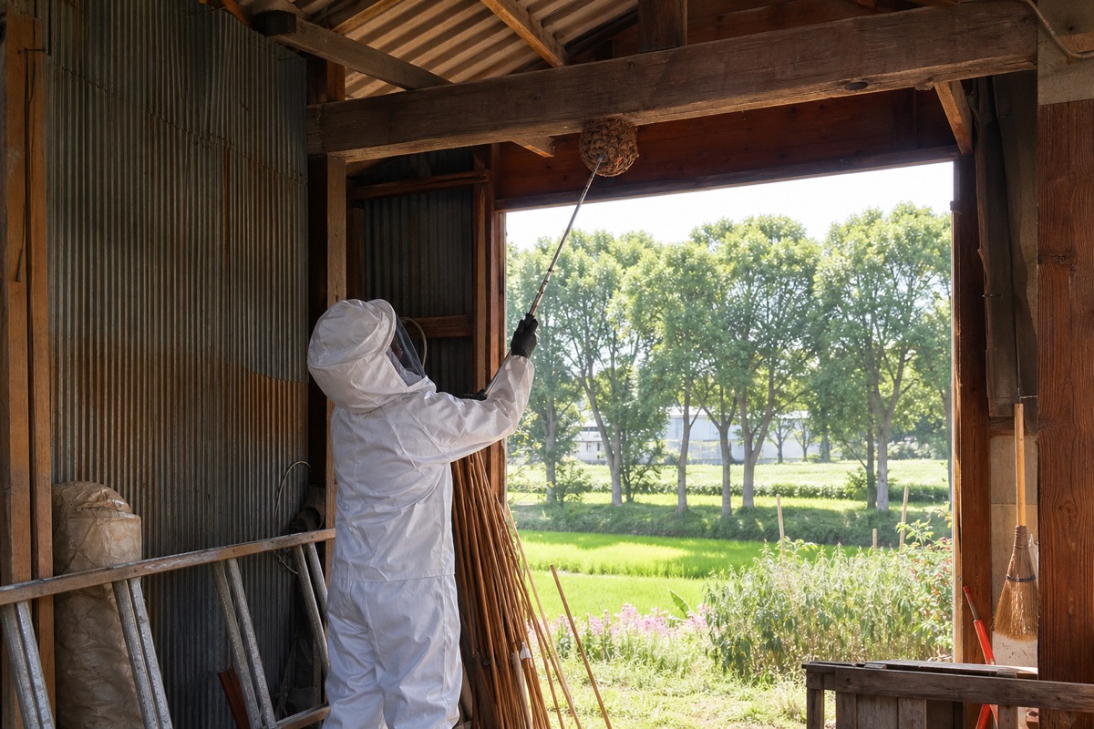 名古屋市北区如意の田園農家納屋でオオスズメバチ駆除作業中