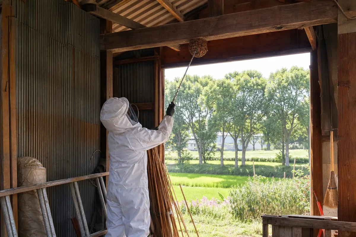 名古屋市北区如意の田園農家納屋でオオスズメバチ駆除作業中
