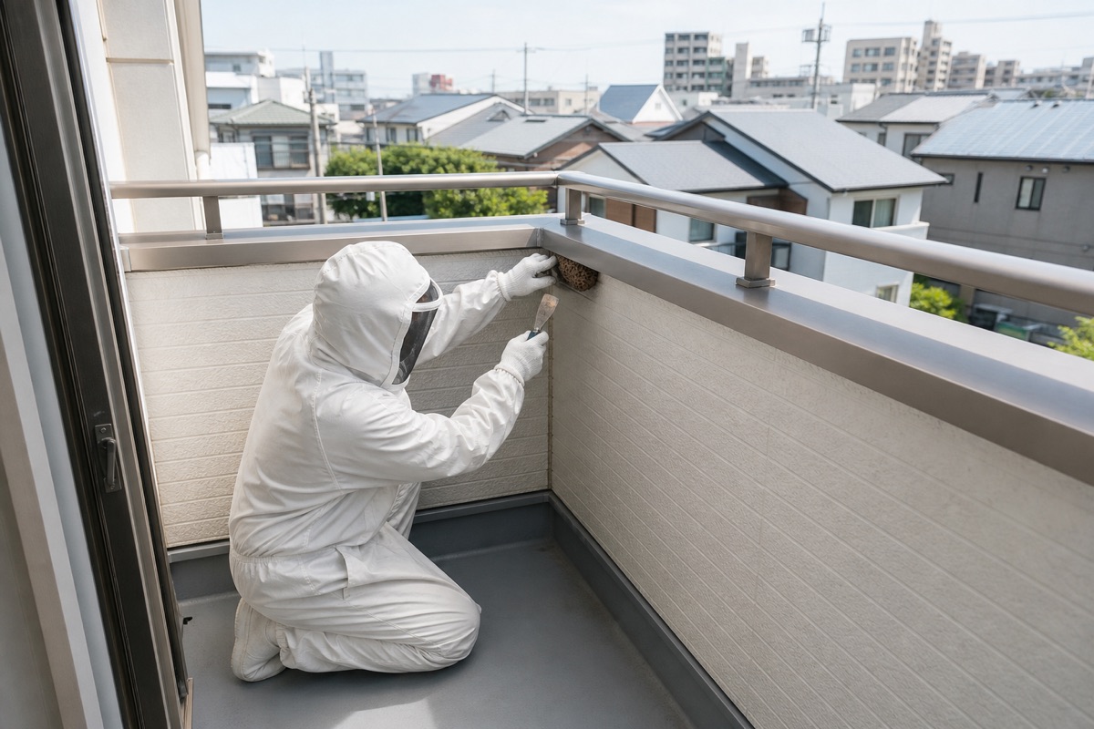 名古屋市北区如意の分譲住宅でアシナガバチ駆除作業中