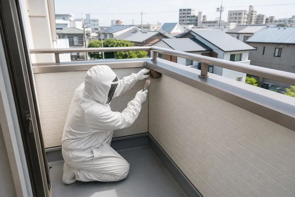 名古屋市北区如意の分譲住宅でアシナガバチ駆除作業中