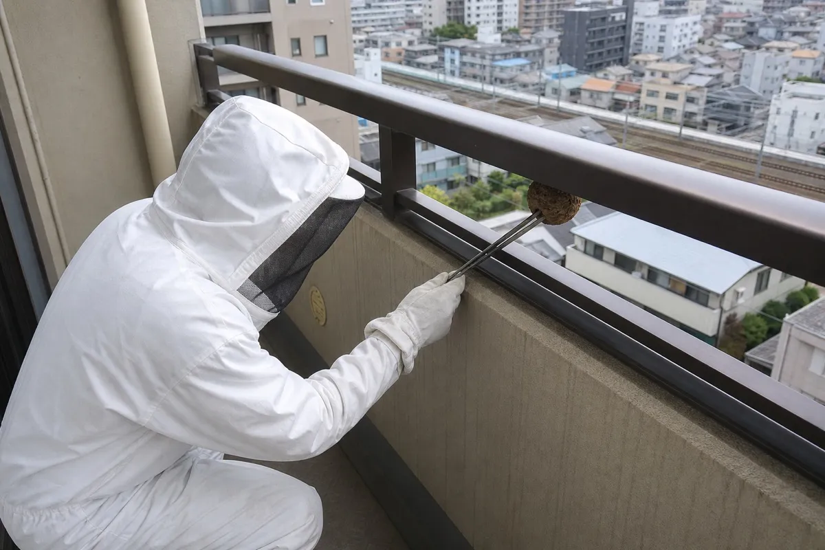 名古屋市北区上飯田のマンションでスズメバチ駆除作業中