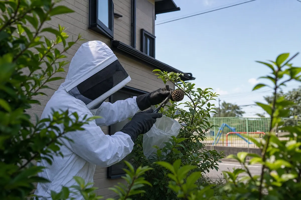 名古屋市北区志賀本通の小学校近隣住宅でアシナガバチ駆除作業中