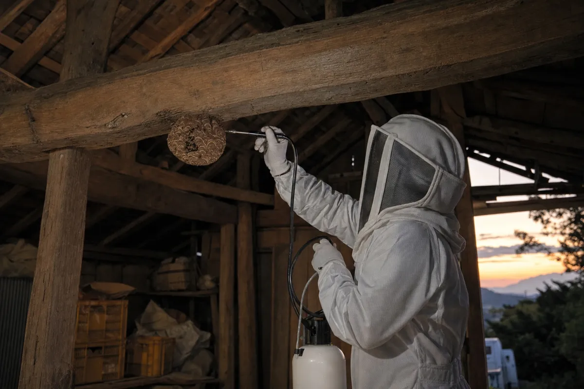 名古屋市北区楠味鋺のオオスズメバチ駆除作業中