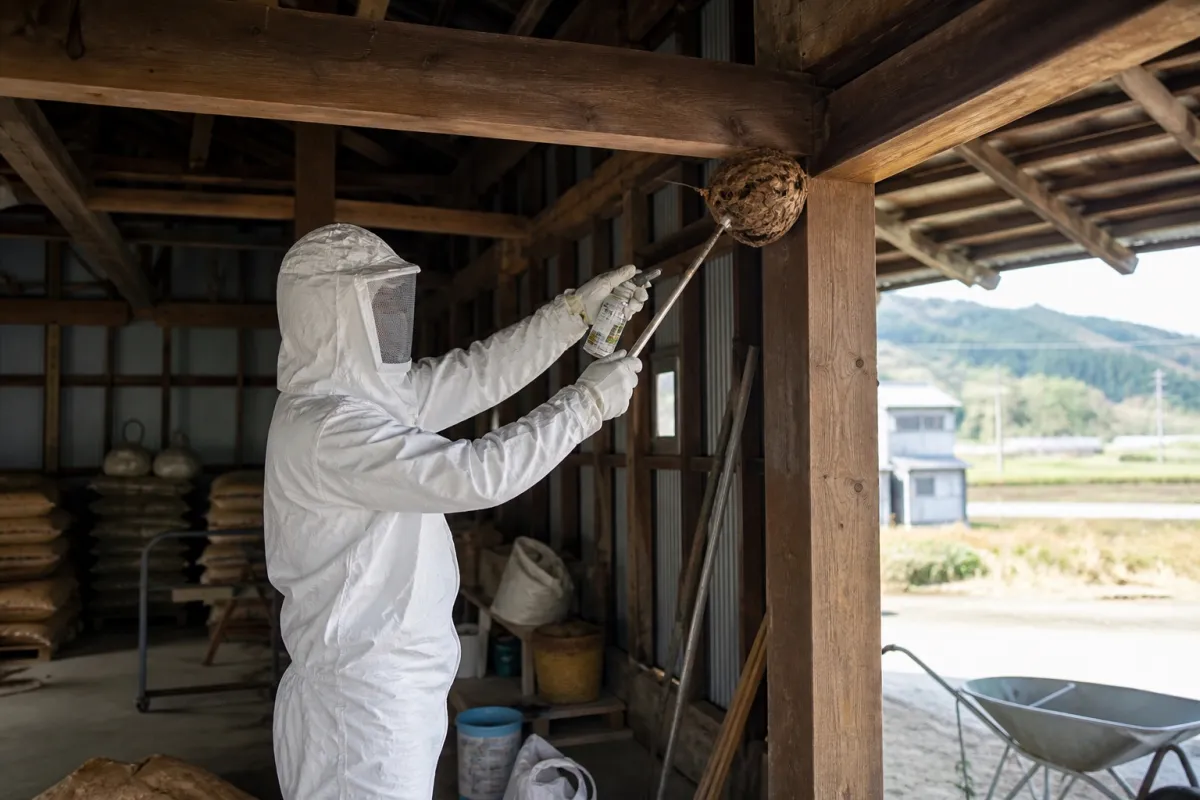 名古屋市北区大井町のオオスズメバチ駆除作業中