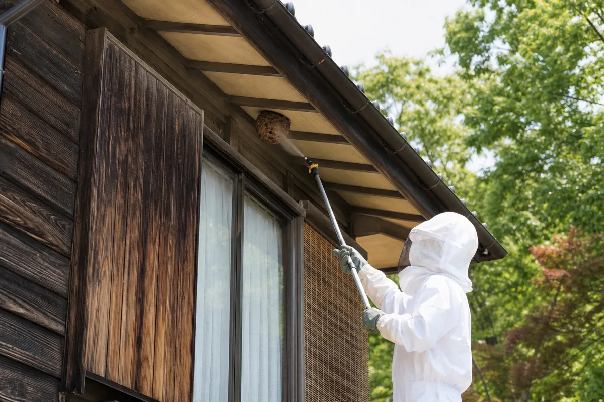 名古屋市名東区猪高町の里山住宅でオオスズメバチ駆除作業中