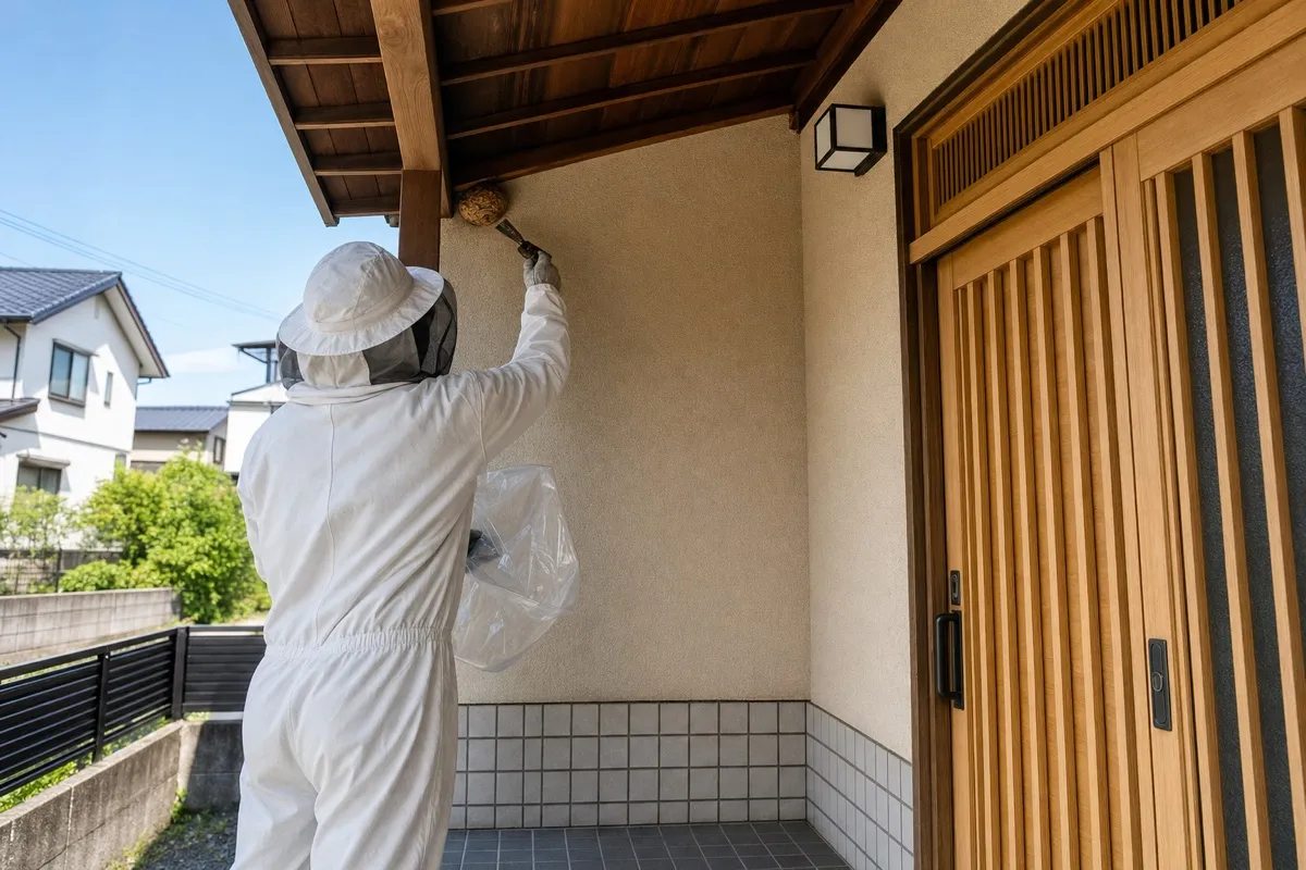 名古屋市名東区一社の住宅街でスズメバチ駆除作業中