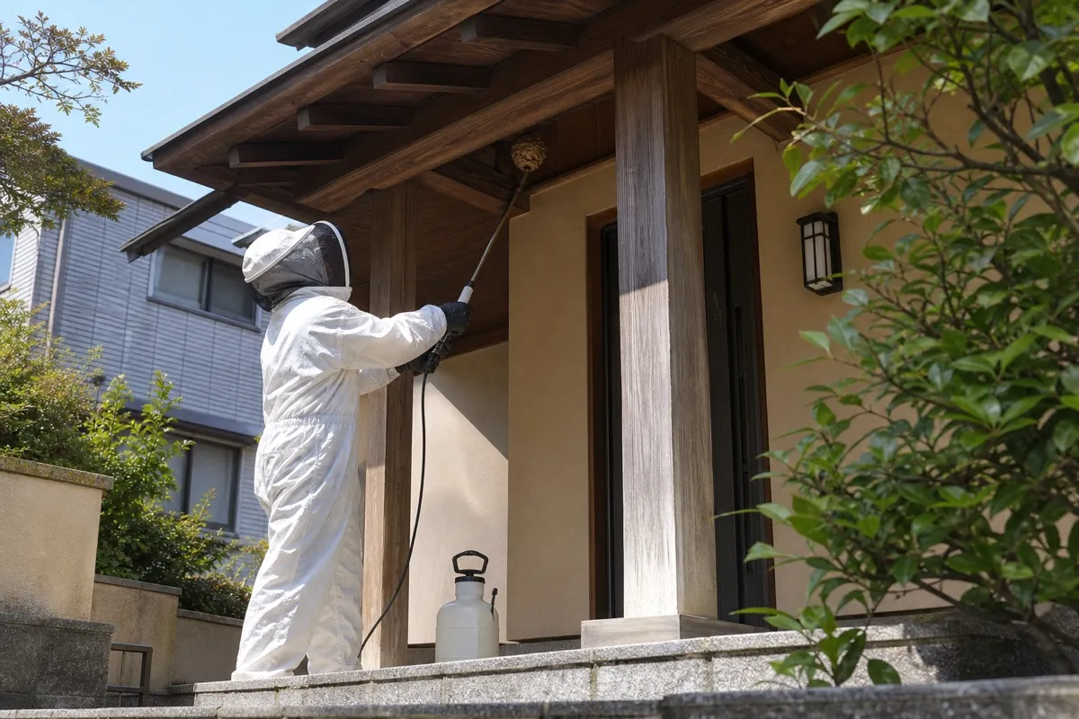 名古屋市名東区本郷の住宅街でキイロスズメバチ駆除作業中