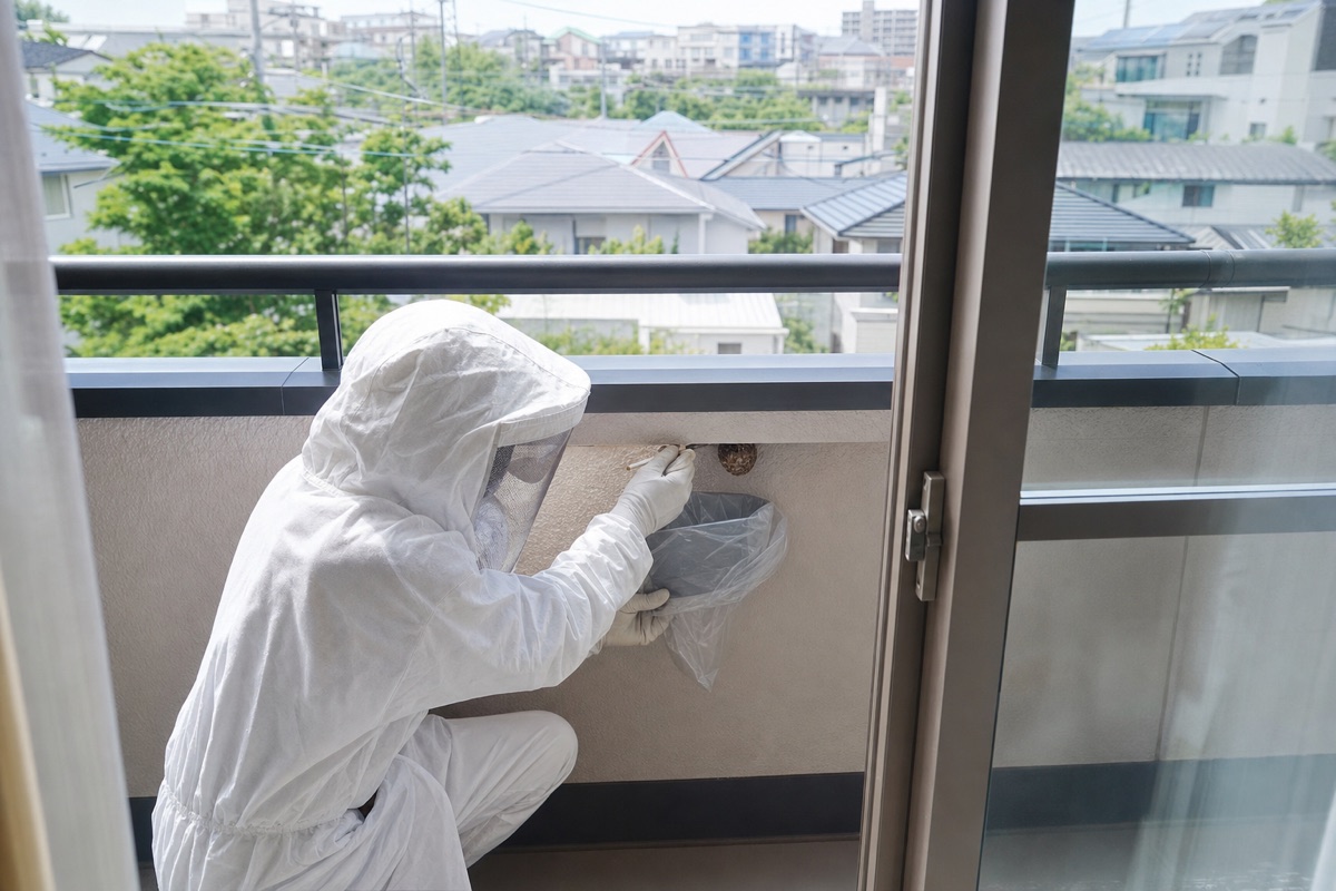 名古屋市名東区上社の分譲住宅でアシナガバチ駆除作業中