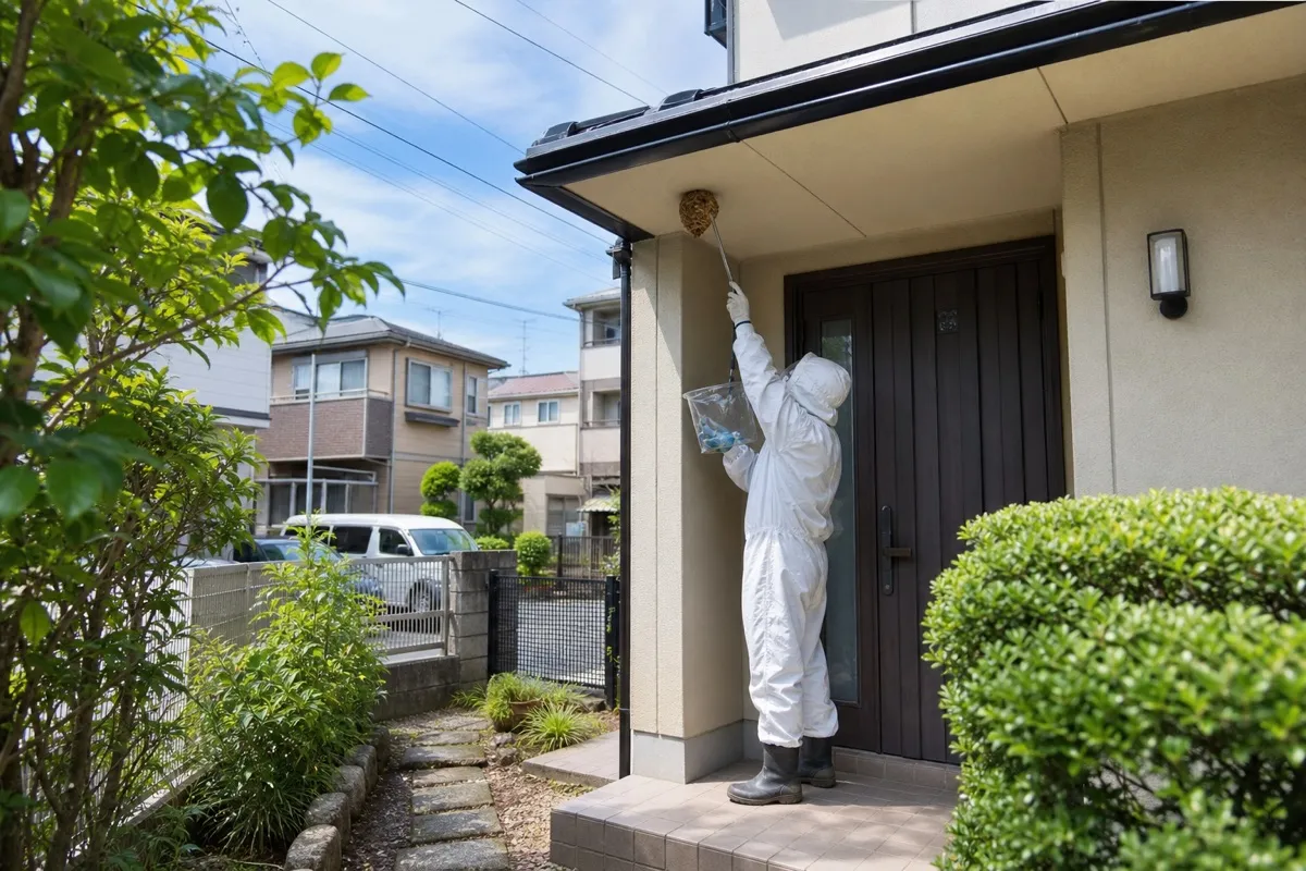 名古屋市名東区香流の住宅街でキイロスズメバチ駆除作業中