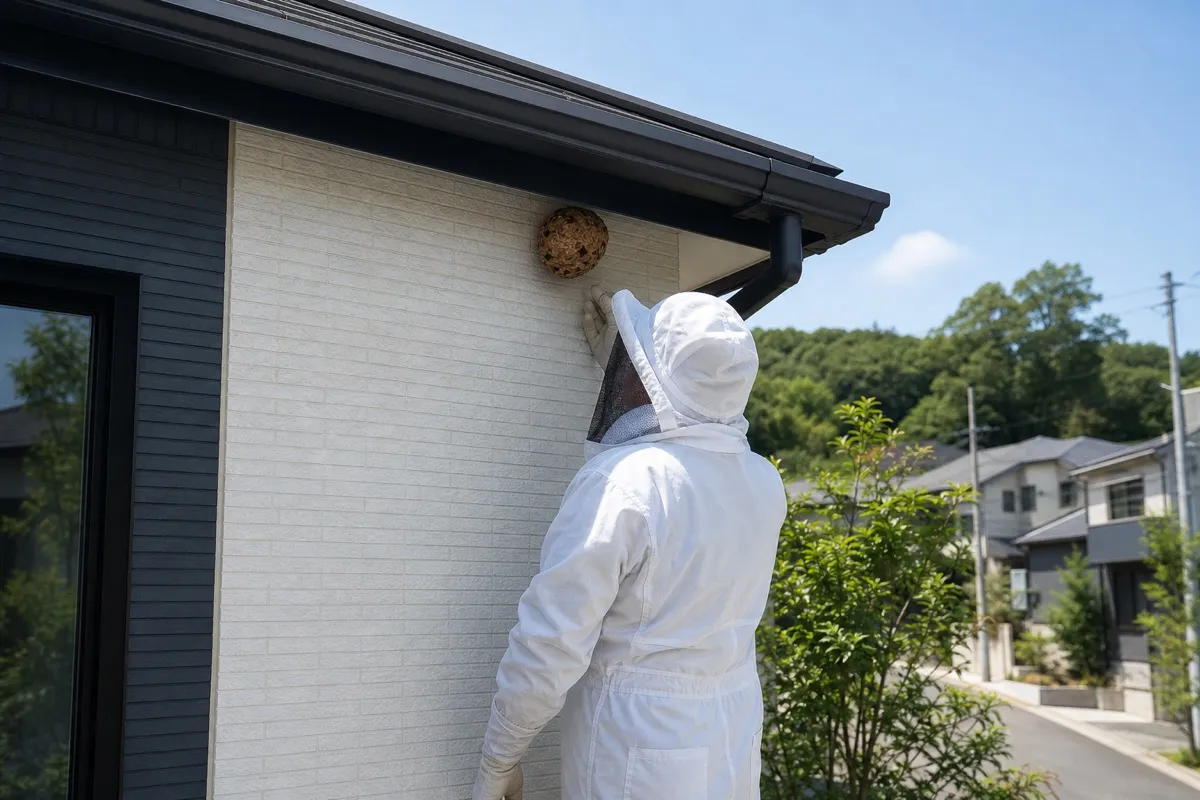 名古屋市名東区貴船の新築住宅でスズメバチ駆除作業中